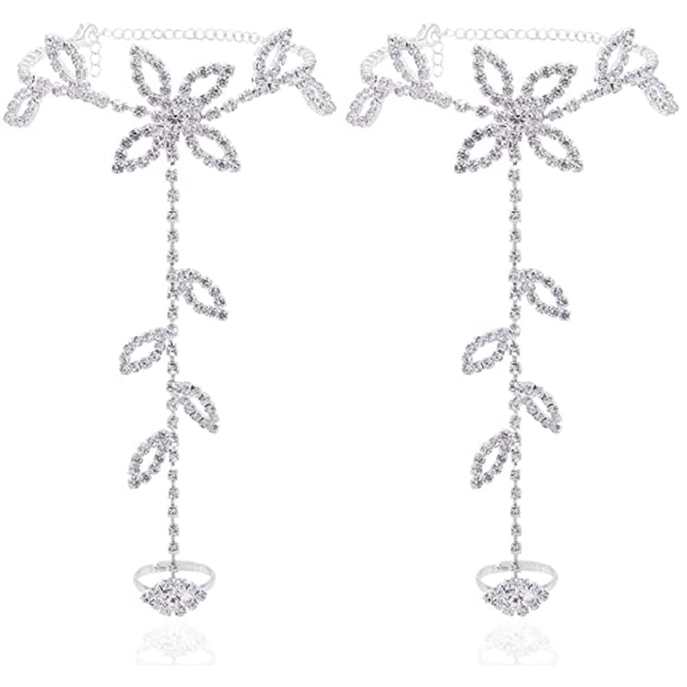 2Pcs Set Rhinestone Leaf Anklet