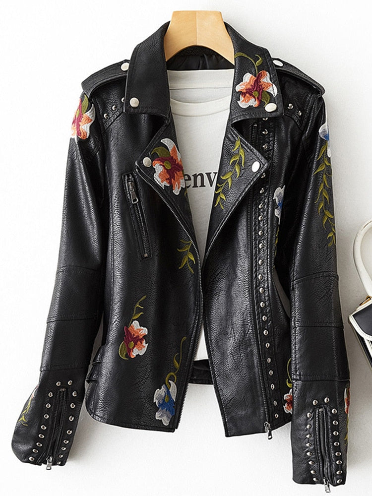 Floral Print Embroidery Faux Soft Leather Jacket